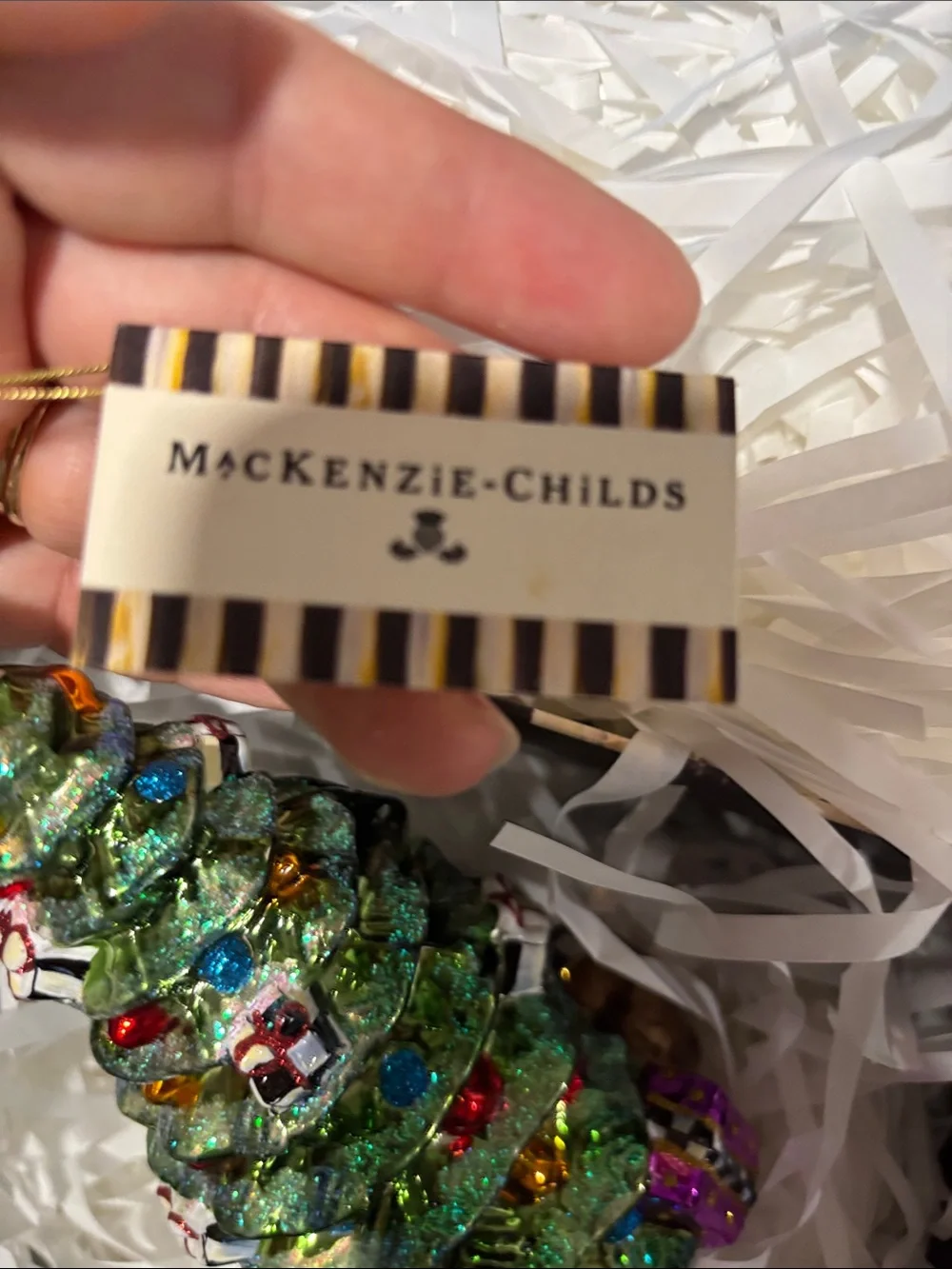 MacKenzie-Childs Green Glass Reindeer and Tree Ornament with Multi-Color Accents